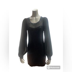 QUIZ Womens 10 LBD sweetheart nylon neckline decollette. Black sequin dress. EUC